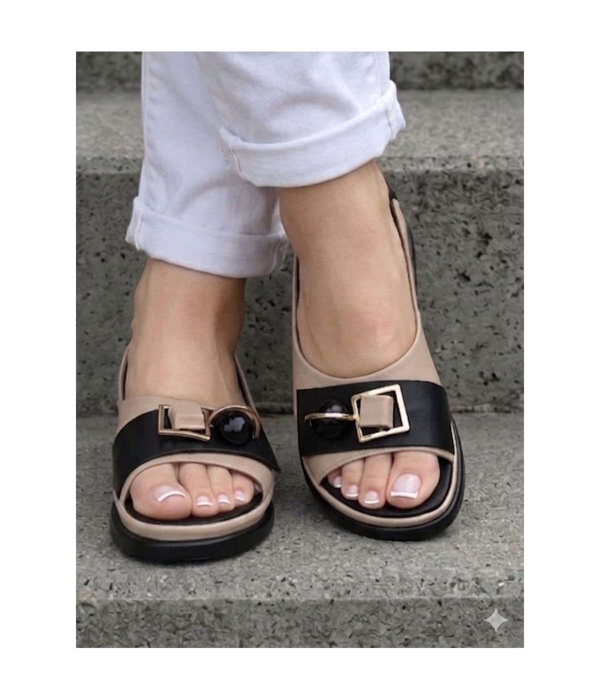 Sandały damskie  beżowo - czarne